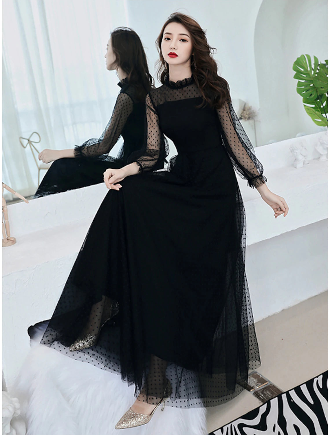 Wholesale  A-Line Little Black Dress Elegant Party Wear Prom Dress High Neck Long Sleeve Floor Length Lace with Ruffles